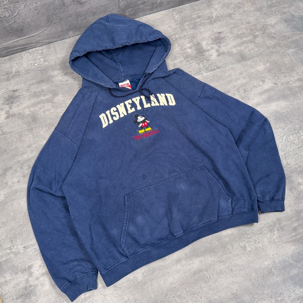 Vintage 90's Mickey Mouse Disney Land Faded Trashed Navy Pull Over Hoodie
